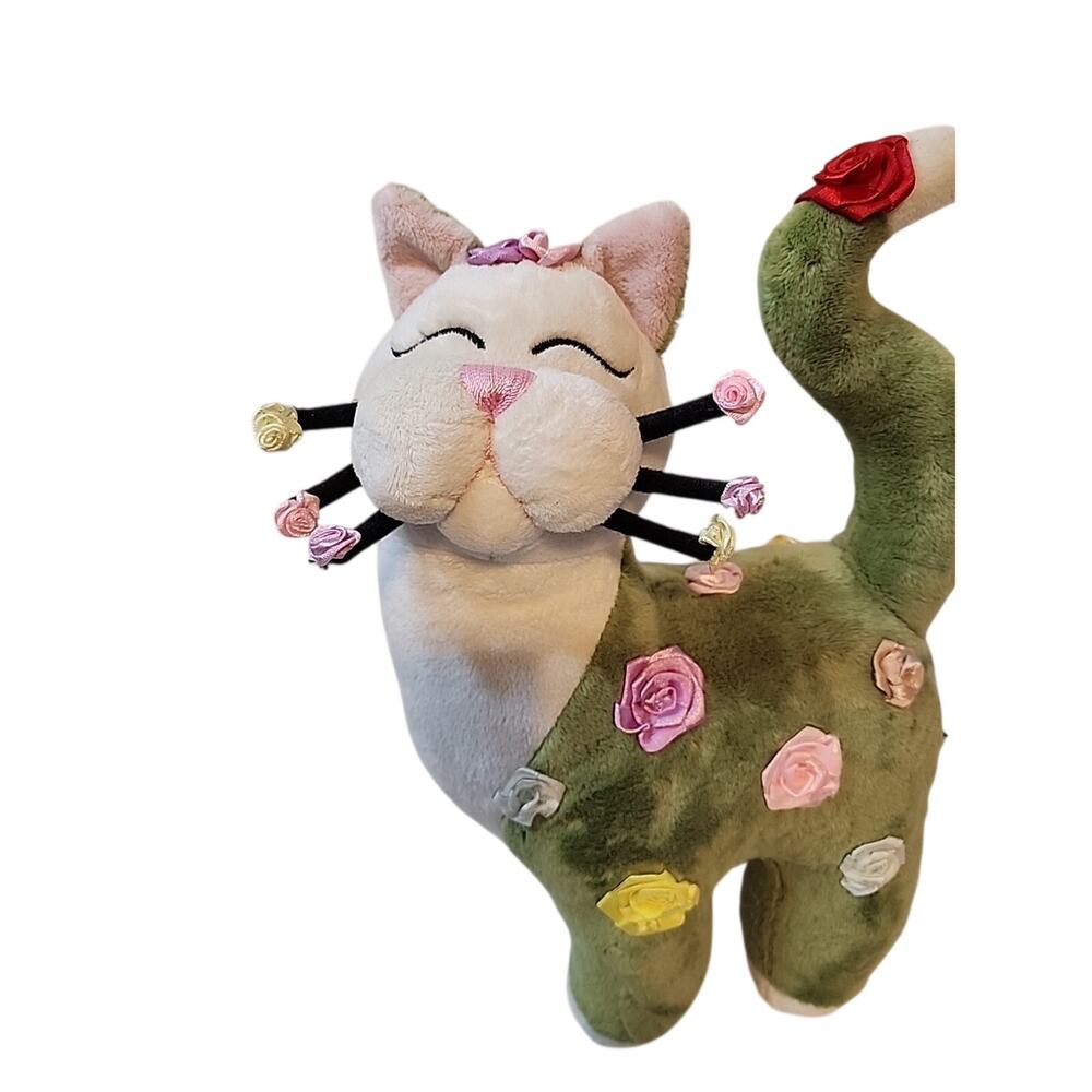 Whimsy Clay Plush Green White Kitty Cat Amy Lacombe Yellow Roses Floral 14"